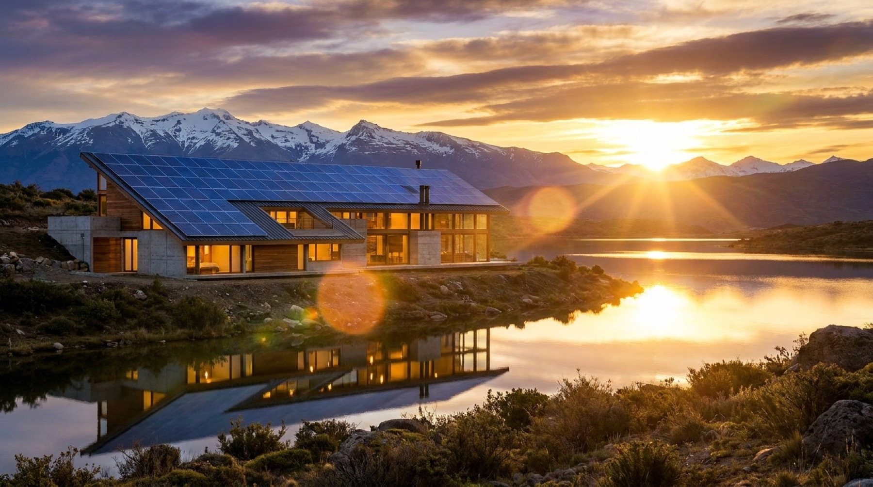 Casa con techo solar completo al atardecer frente a un lago