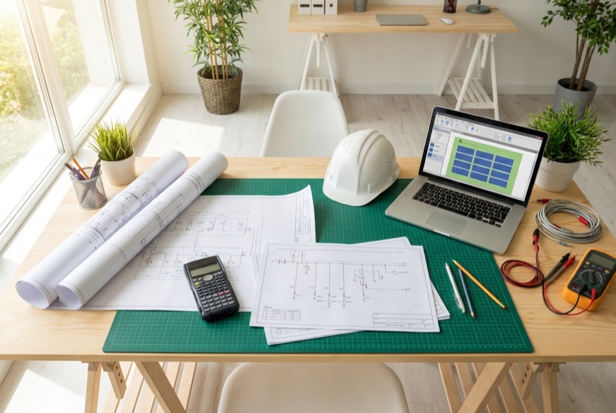 Escritorio de ingeniería con planos y cálculo de sistema solar
