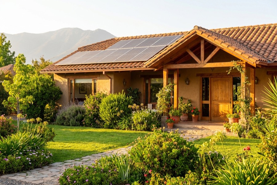 Casa familiar con paneles solares en el techo