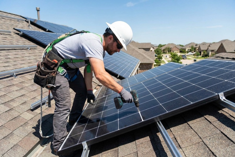 Técnico instalando paneles solares en un techo